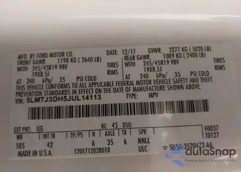 2018 Lincoln Mkc Reserve z USA, uszkodzony, nr VIN 5LMTJ3DH5JUL14113